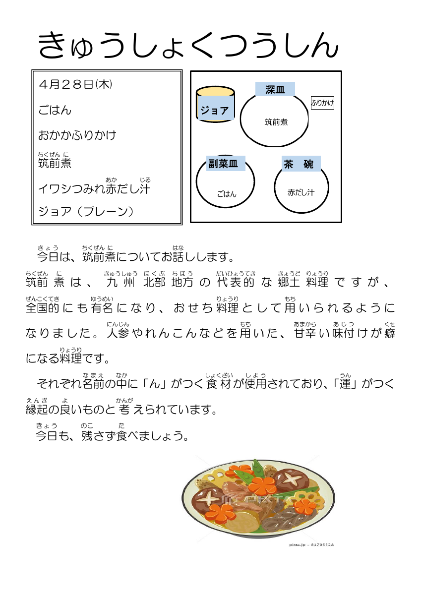 4.30給食通信筑前煮.pdfの1ページ目のサムネイル